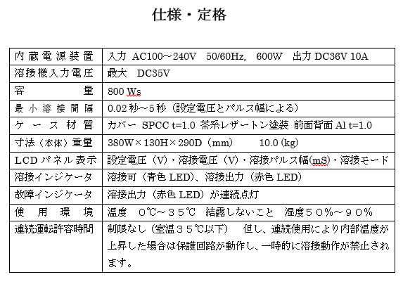 HSW-04溶接機 仕様と定格表